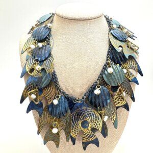 VYG Blue Metal Fish Gold Spiral Necklace Bold Statement 22" Length